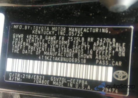 2022 Toyota Camry Trd из США, поврежденный, VIN 4T1KZ1AK8NU069518